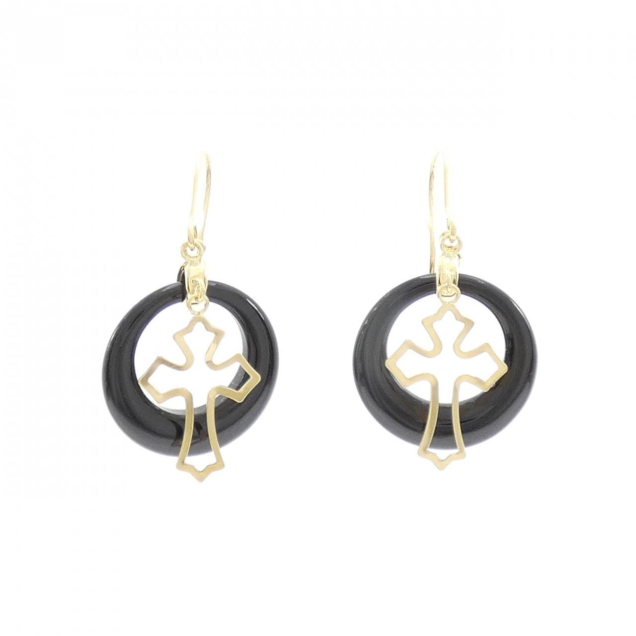 K18YG クロス オニキス ピアス