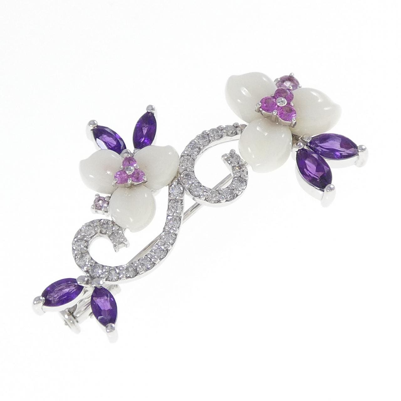 K18WG/K14WG フラワー カラーストーン ブローチ