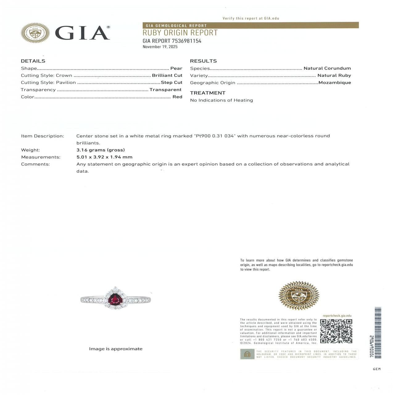 PT900 非加熱 ルビー リング 0.31CT モザンビーク産