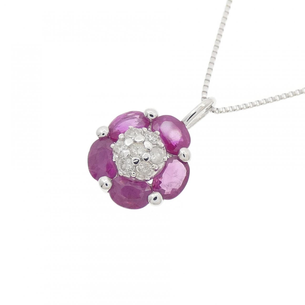 K18WG フラワー ルビー ネックレス 0.90CT