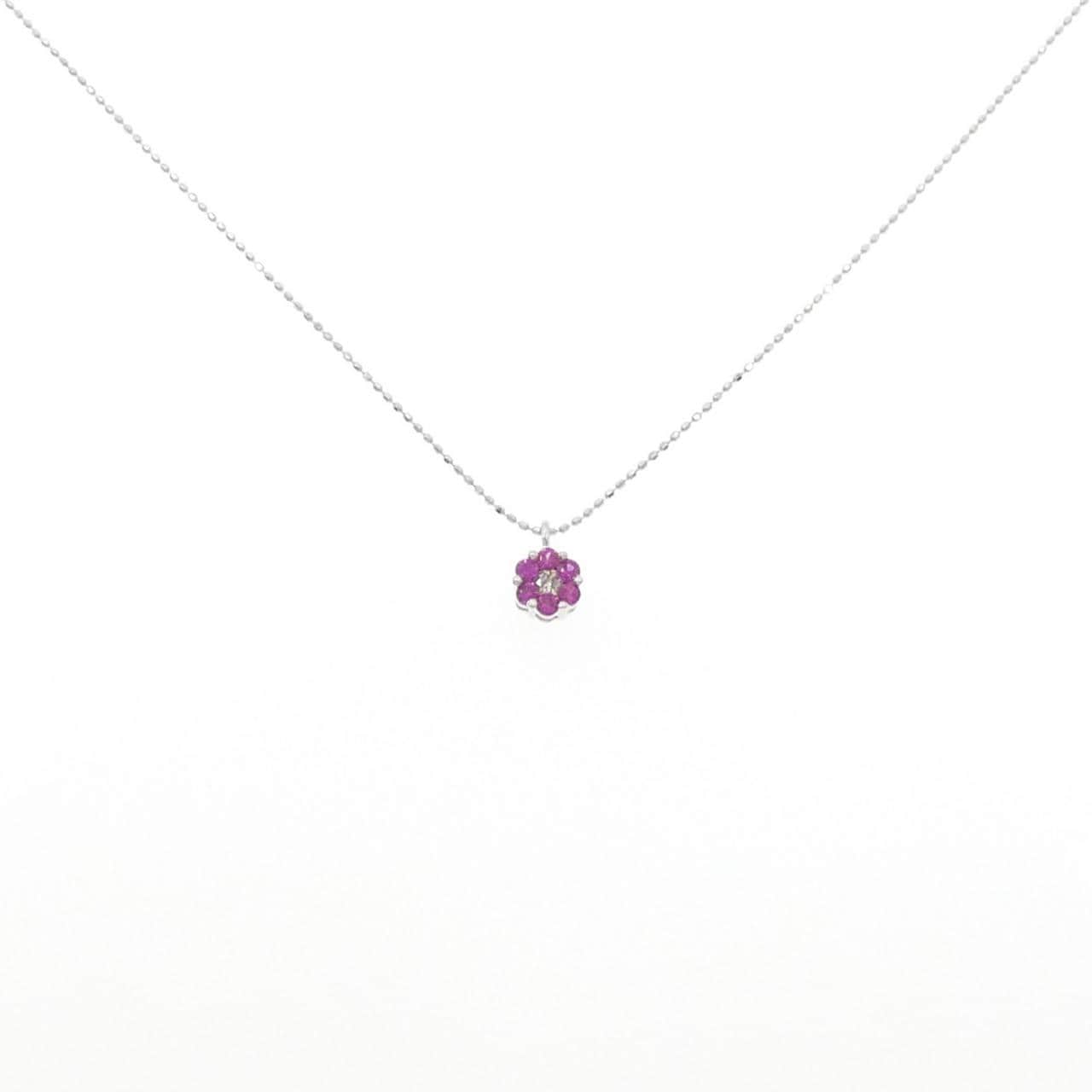 K18WG フラワー ルビー ネックレス 0.25CT