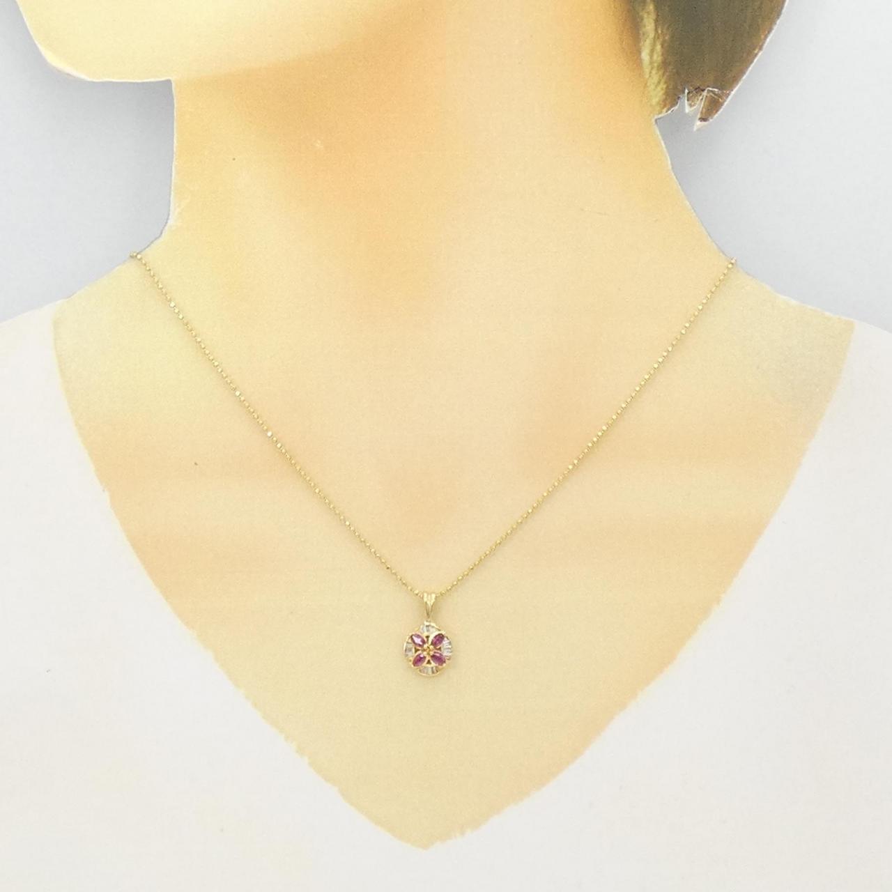 K18YG Flower Ruby Necklace 0.53CT