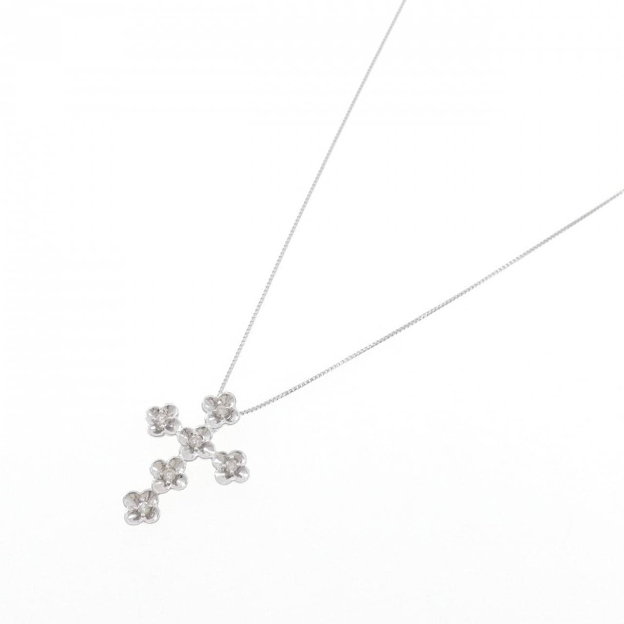 K18WG フラワー×クロス ダイヤモンド ネックレス 0.10CT