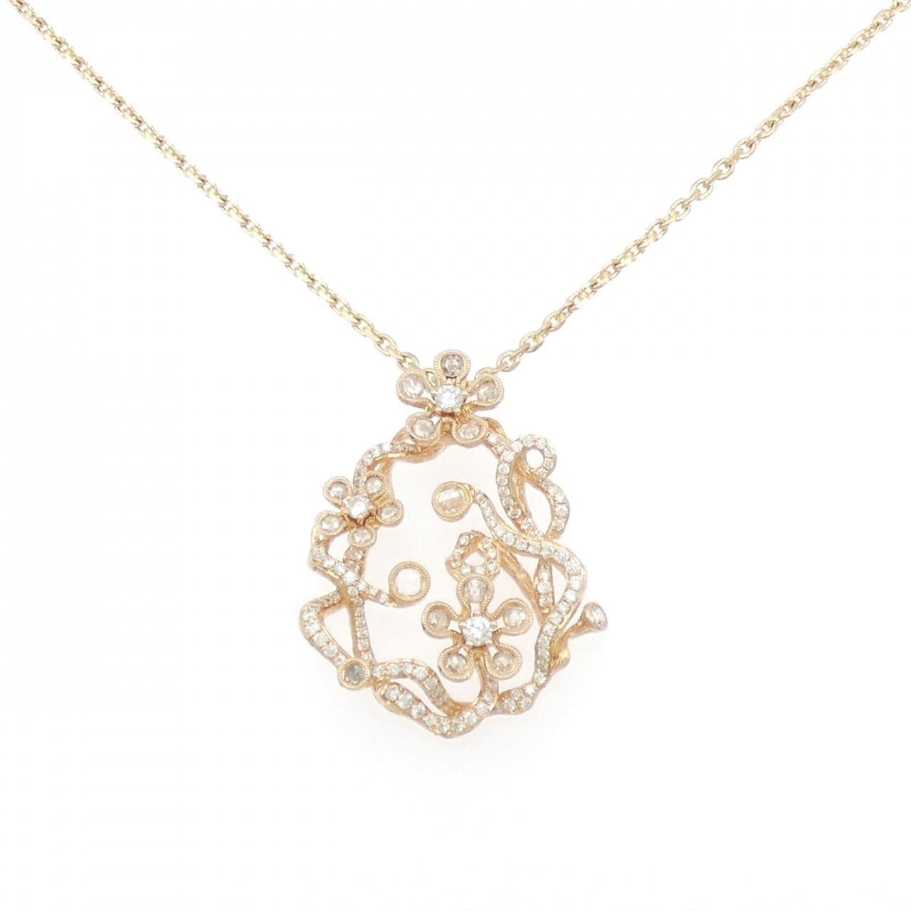 750PG/K18PG Flower Diamond Necklace 1.08CT