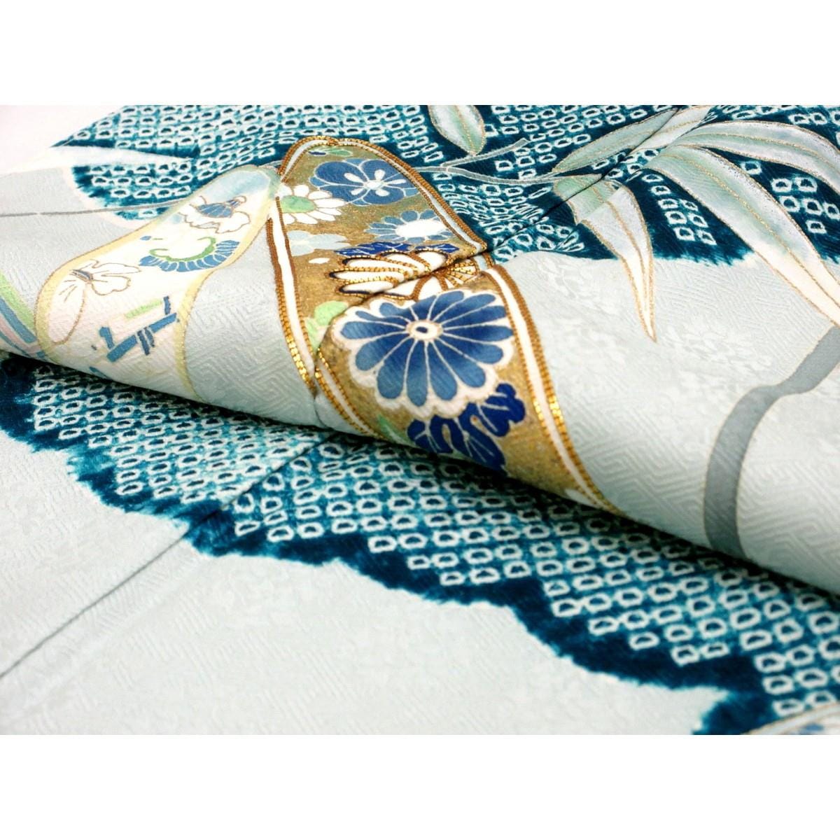 【未使用品】訪問着　吉川染匠　友禅金彩加工　刺繍入り絞り加工