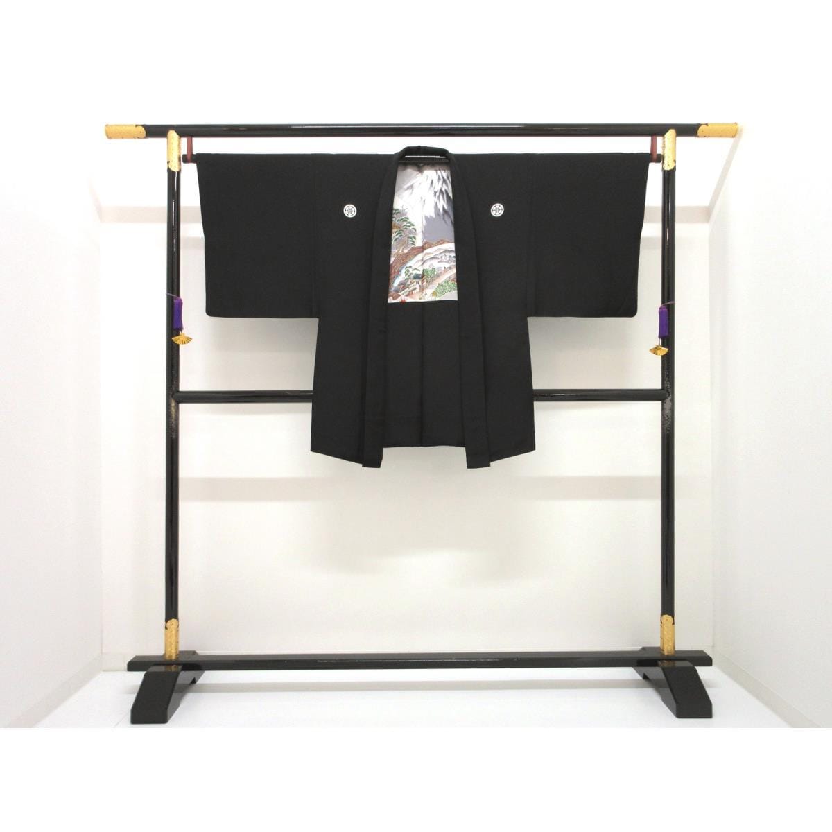 男物　黒羽二重　丸に六ッ槌車　きもの・羽織２点セット