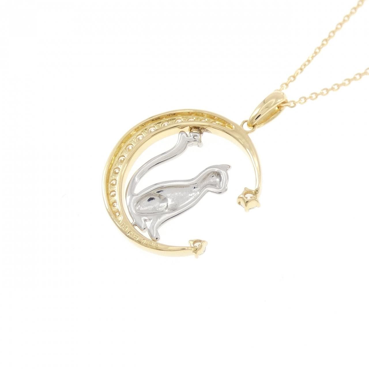 K18YG/PT900 キャット×ムーン ダイヤモンド ネックレス 0.22CT