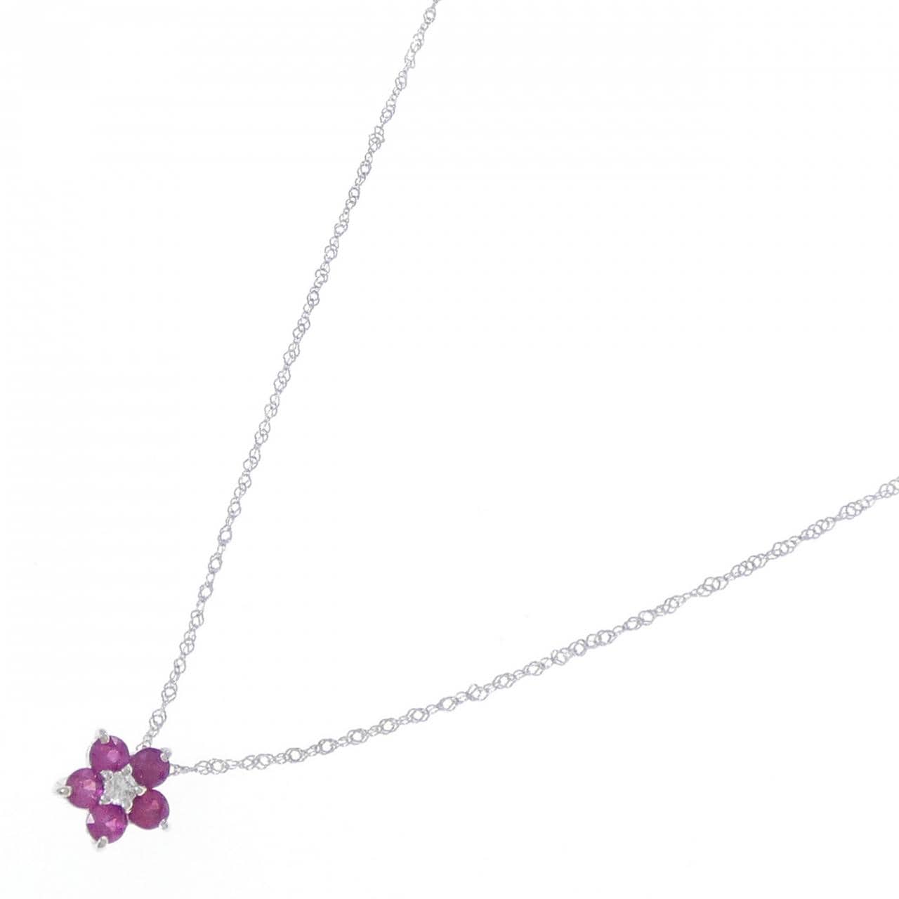 K18WG フラワー ルビー ネックレス 0.25CT