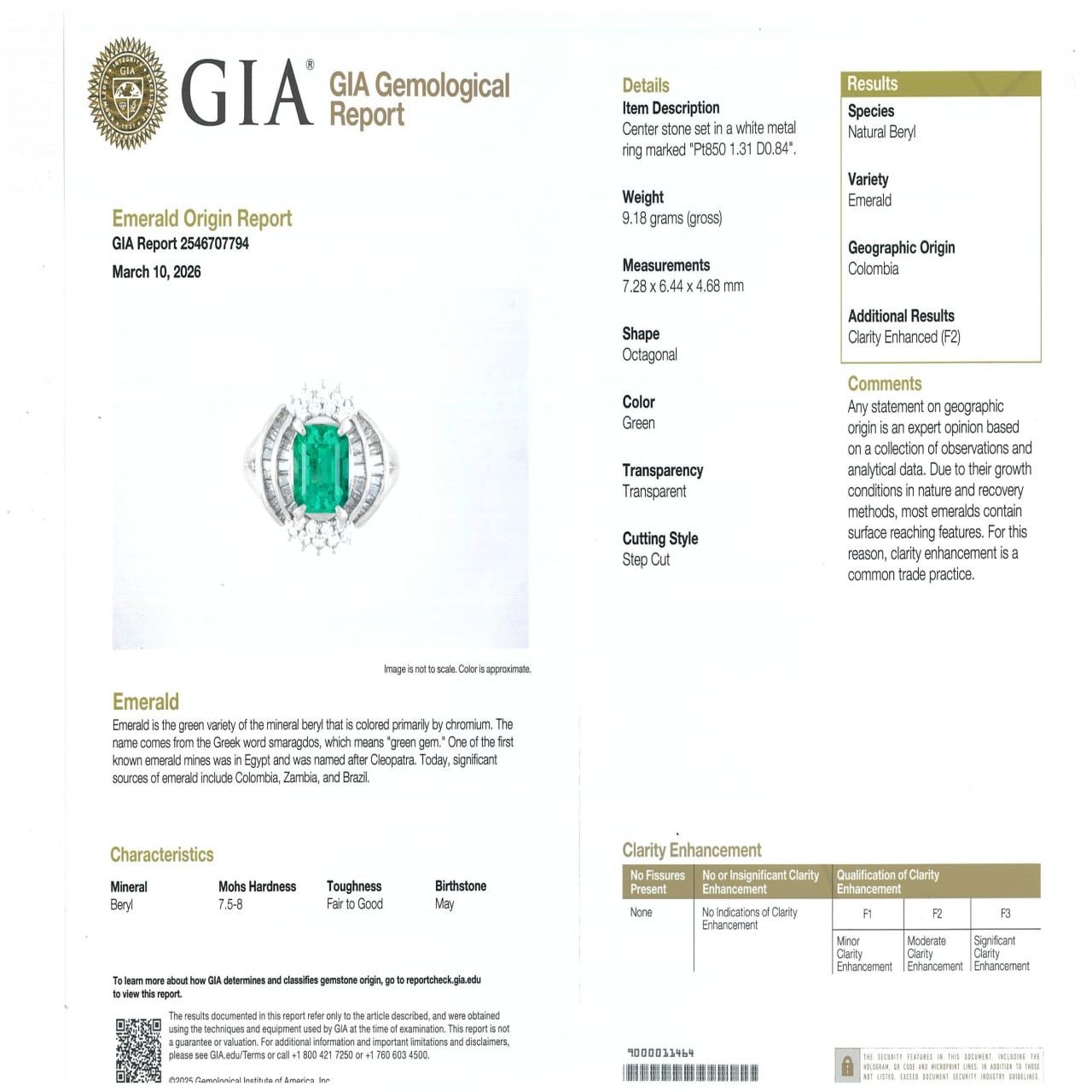 PT850 エメラルド リング 1.31CT コロンビア産