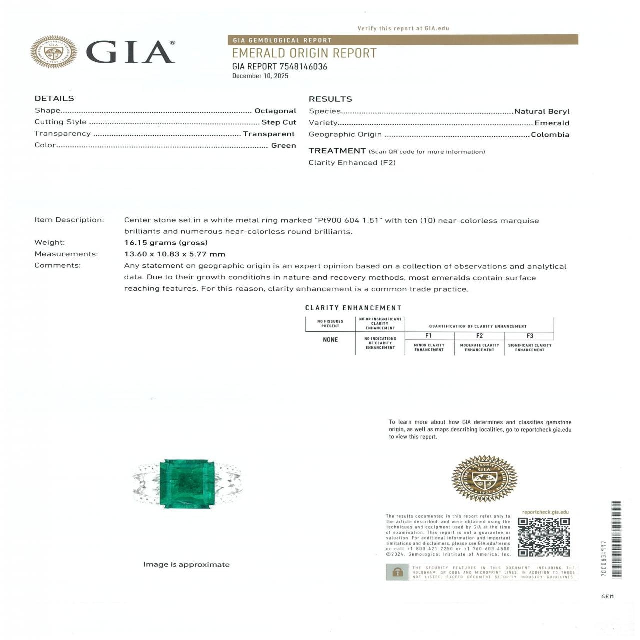 PT900 エメラルド リング 6.04CT コロンビア産