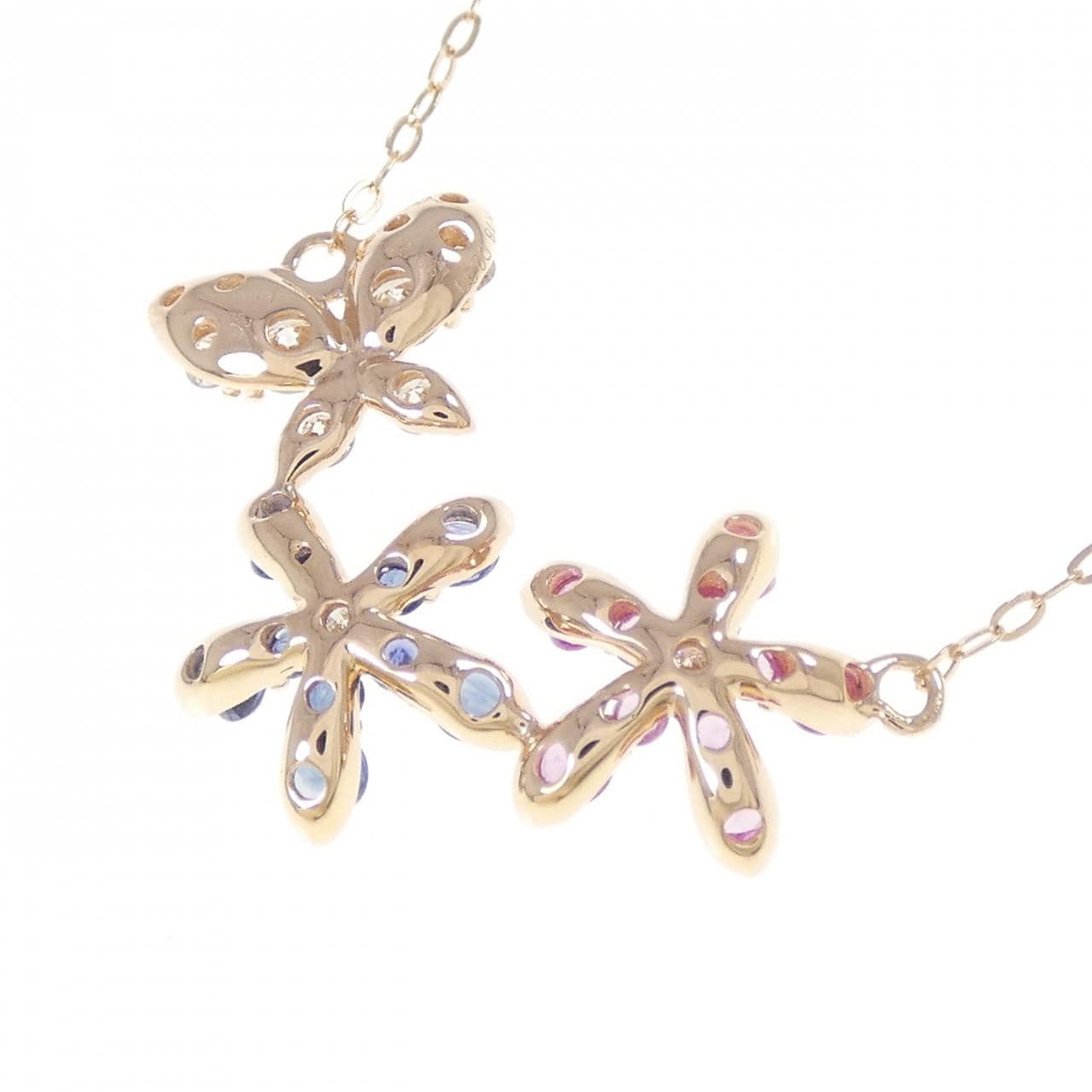 K18PG フラワー×バタフライ サファイヤ ネックレス 0.65CT