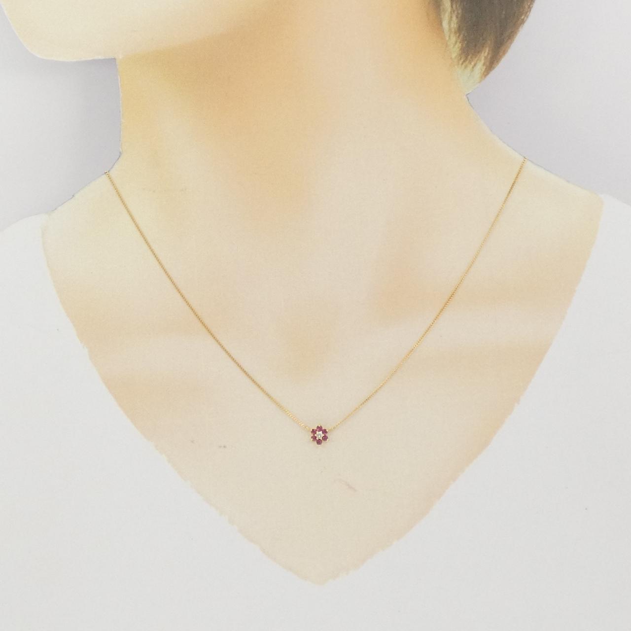 K18YG flower ruby necklace