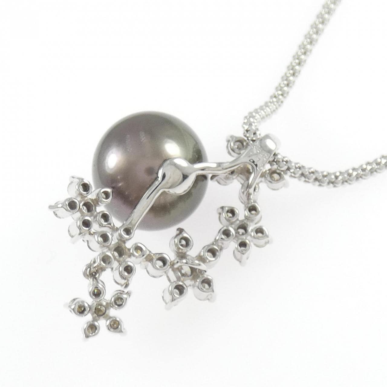 K18WG フラワー 黒蝶パール ネックレス 12.3mm