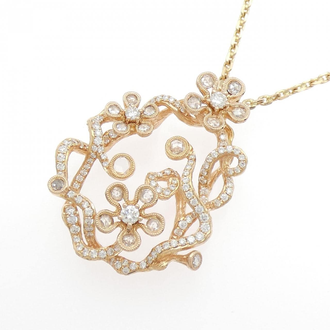 750PG/K18PG Flower Diamond Necklace 1.08CT