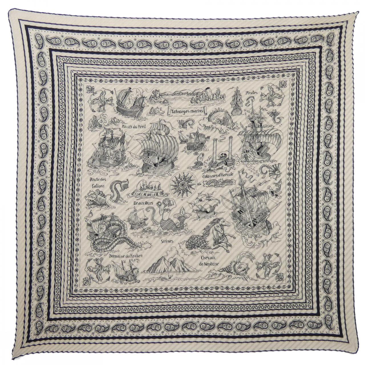 エルメス HERMES TATOUAGES MARINS BANDANA PLEATS H783374S カレジェアンプリーツ140 ショール