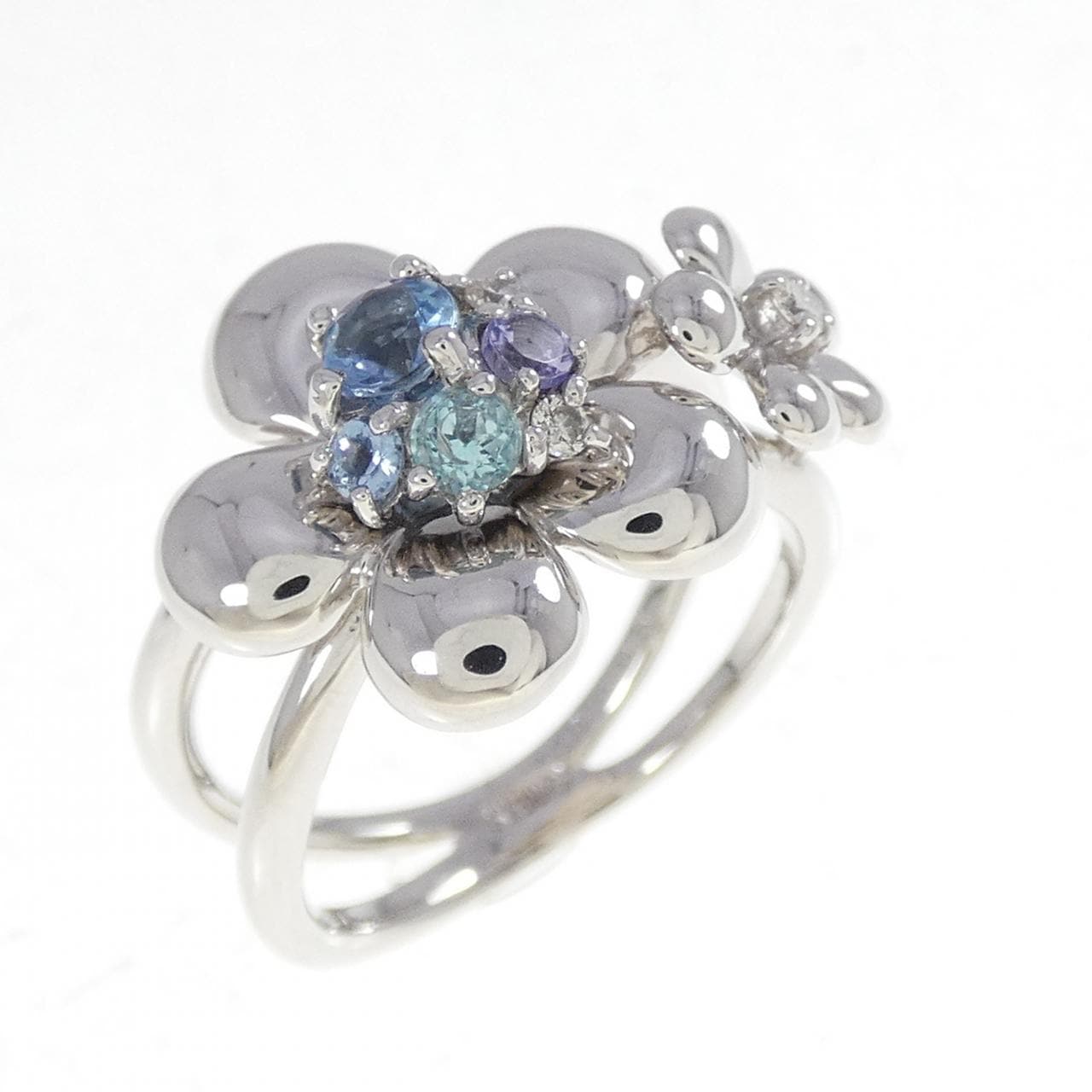 K18WG フラワー カラーストーン リング