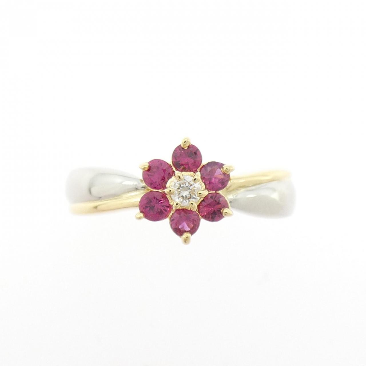 K18YG/PT900 フラワー ルビー リング 0.415CT