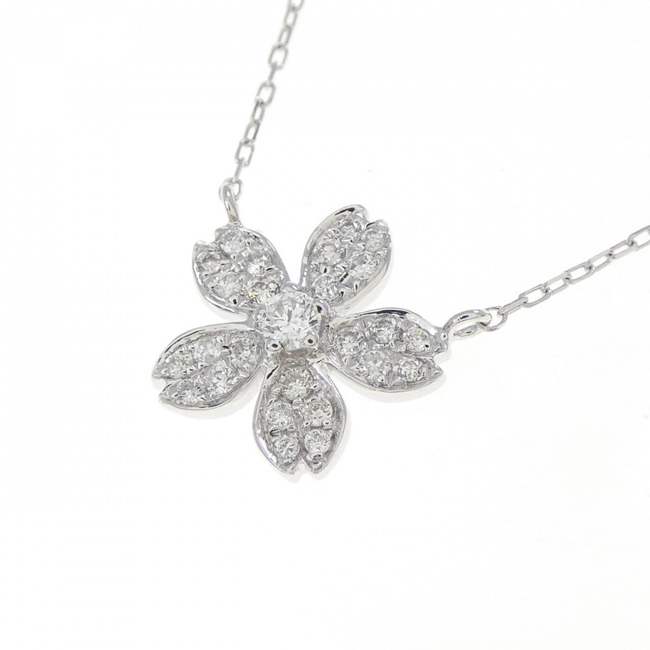 K18WG フラワー ダイヤモンド ネックレス 0.24CT