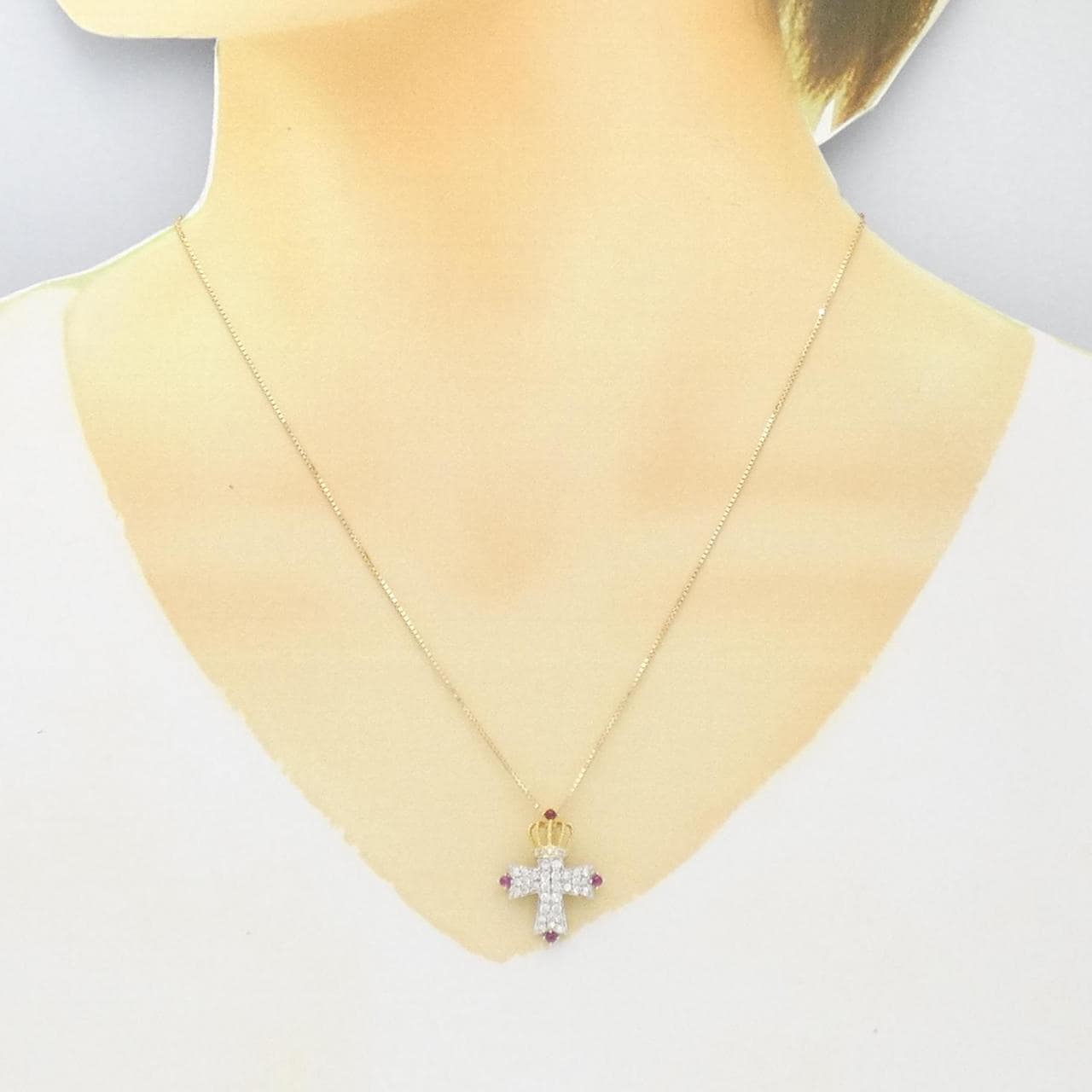 K18WG/K18YG Cross x Crown Ruby Necklace