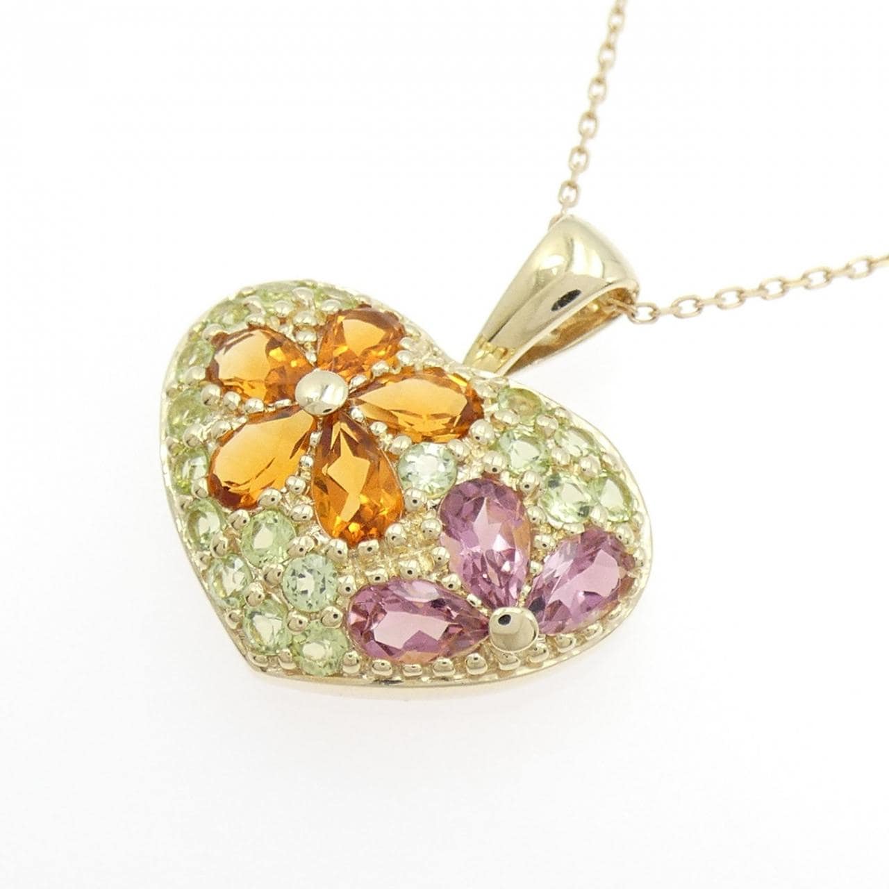 10KYG/K10YG Heart x Flower Color Stone Necklace