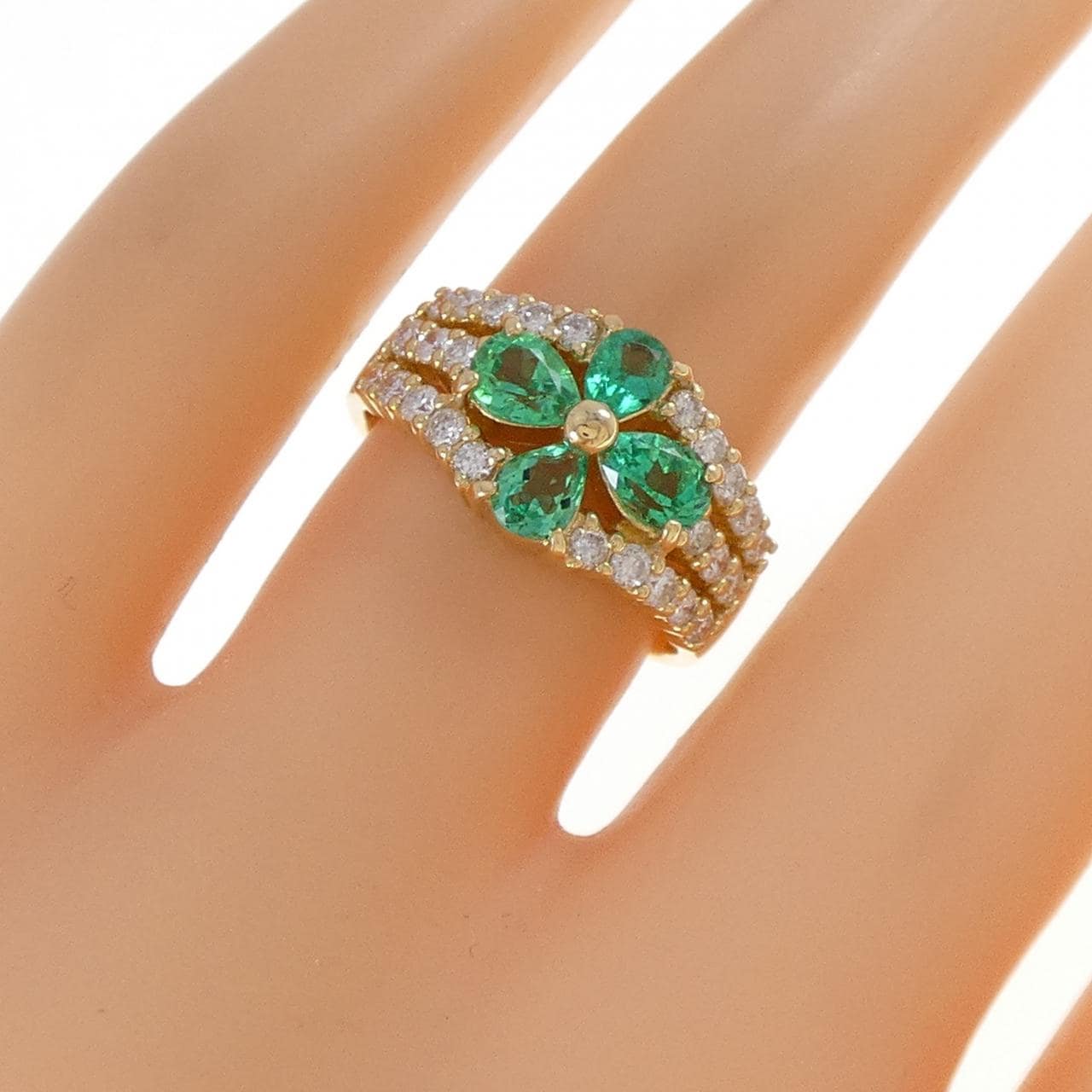 K18YG フラワー エメラルド リング 0.88CT