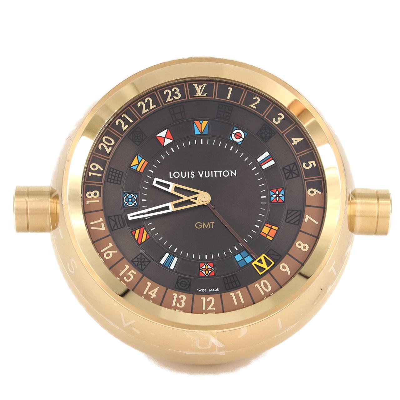 LOUIS VUITTON Tambour Dual Time Table Clock Trunk Monogram Q1Q040 GP Quartz