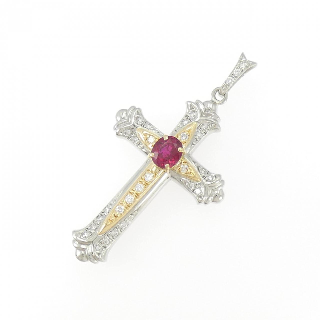PT900/K18YG クロス ルビー ペンダント 1.28CT