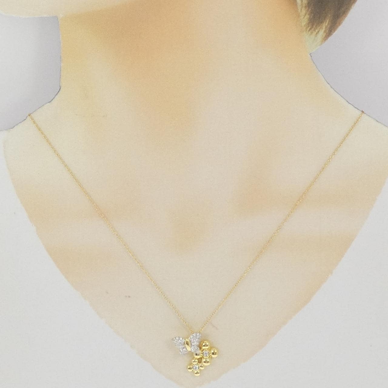 K18YG/K18WG バタフライ×フラワー パヴェ ダイヤモンド ネックレス 0.45CT