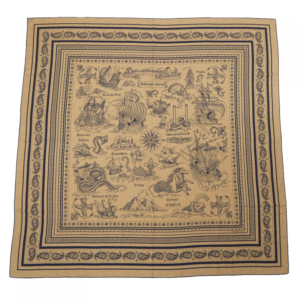 エルメス HERMES TATOUAGES MARINS BANDANA H243374S カレジェアン140 ショール