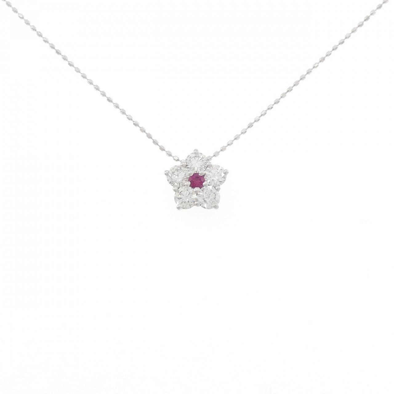 K18WG フラワー ルビー ネックレス 0.06CT