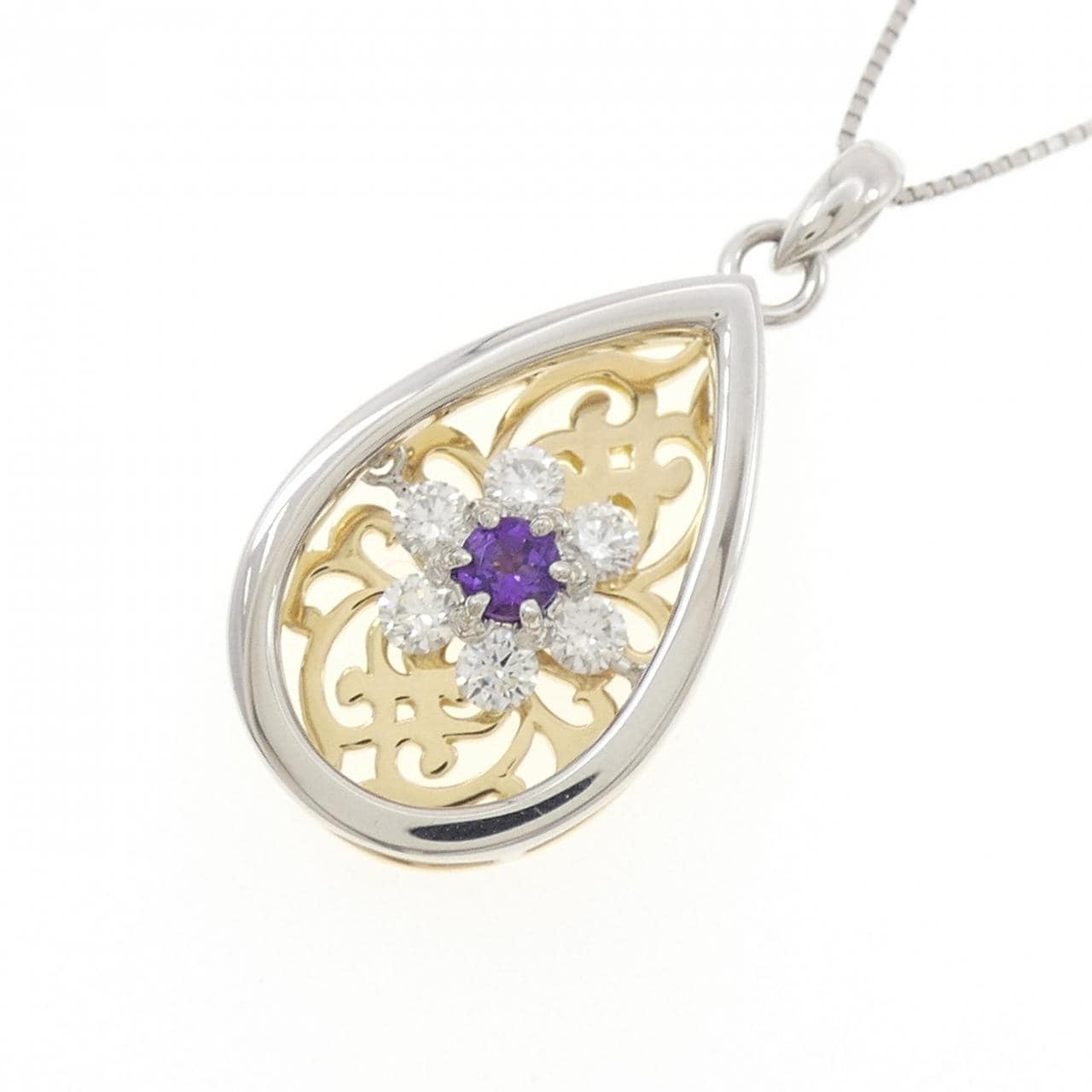 PT900/K18YG/PT850 フラワー アメジスト ネックレス 0.16CT