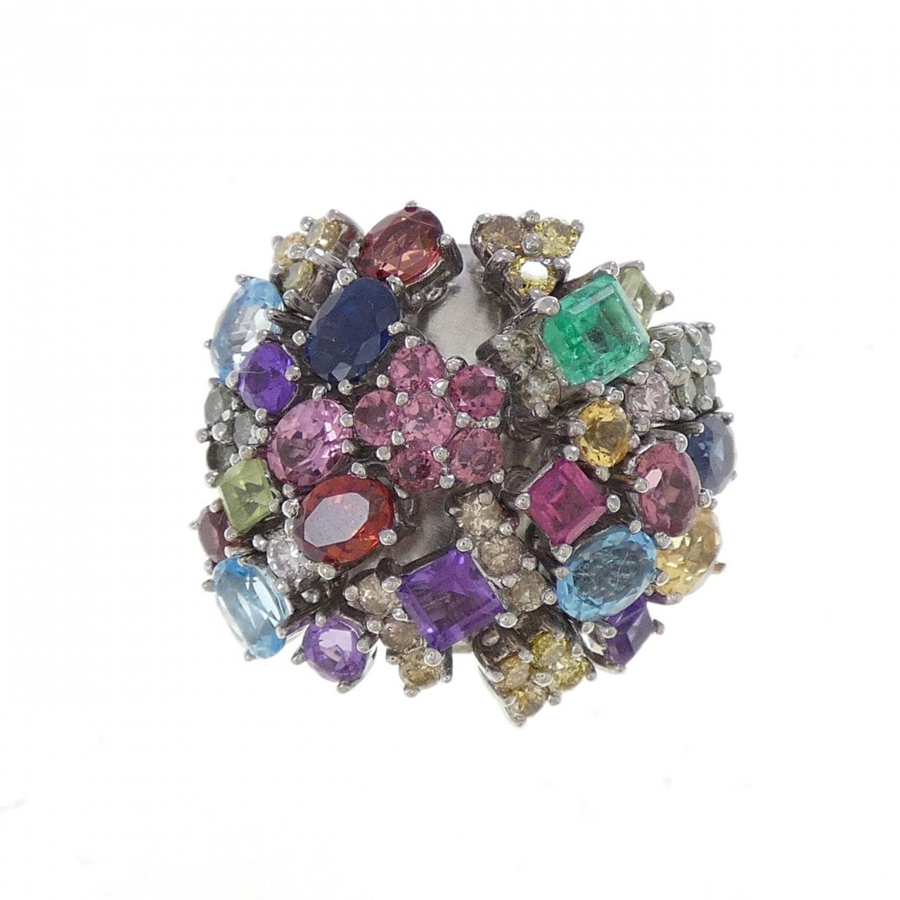 K18WG フラワー カラーストーン リング