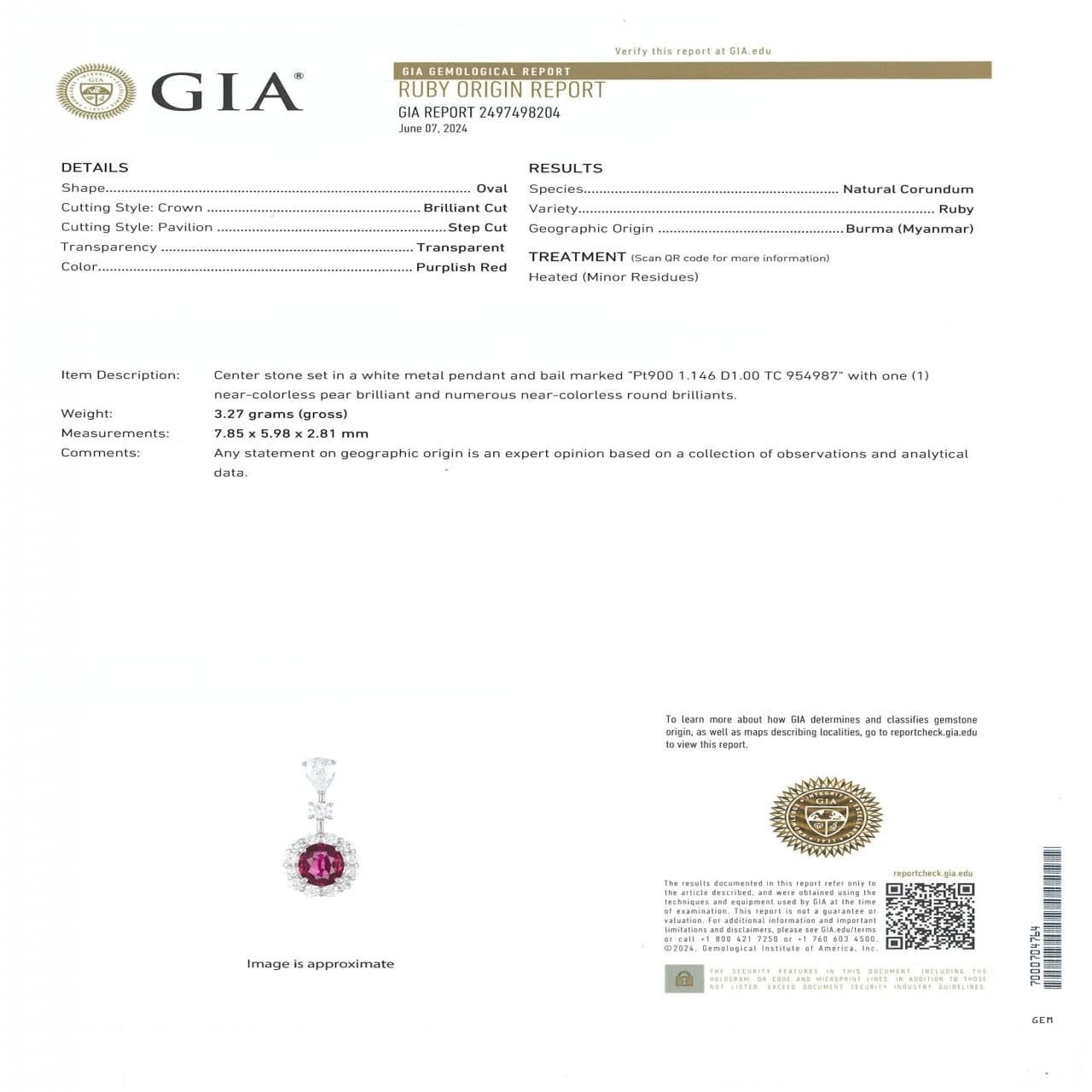 PT900/PT850 ルビー ネックレス 1.146CT ビルマ産