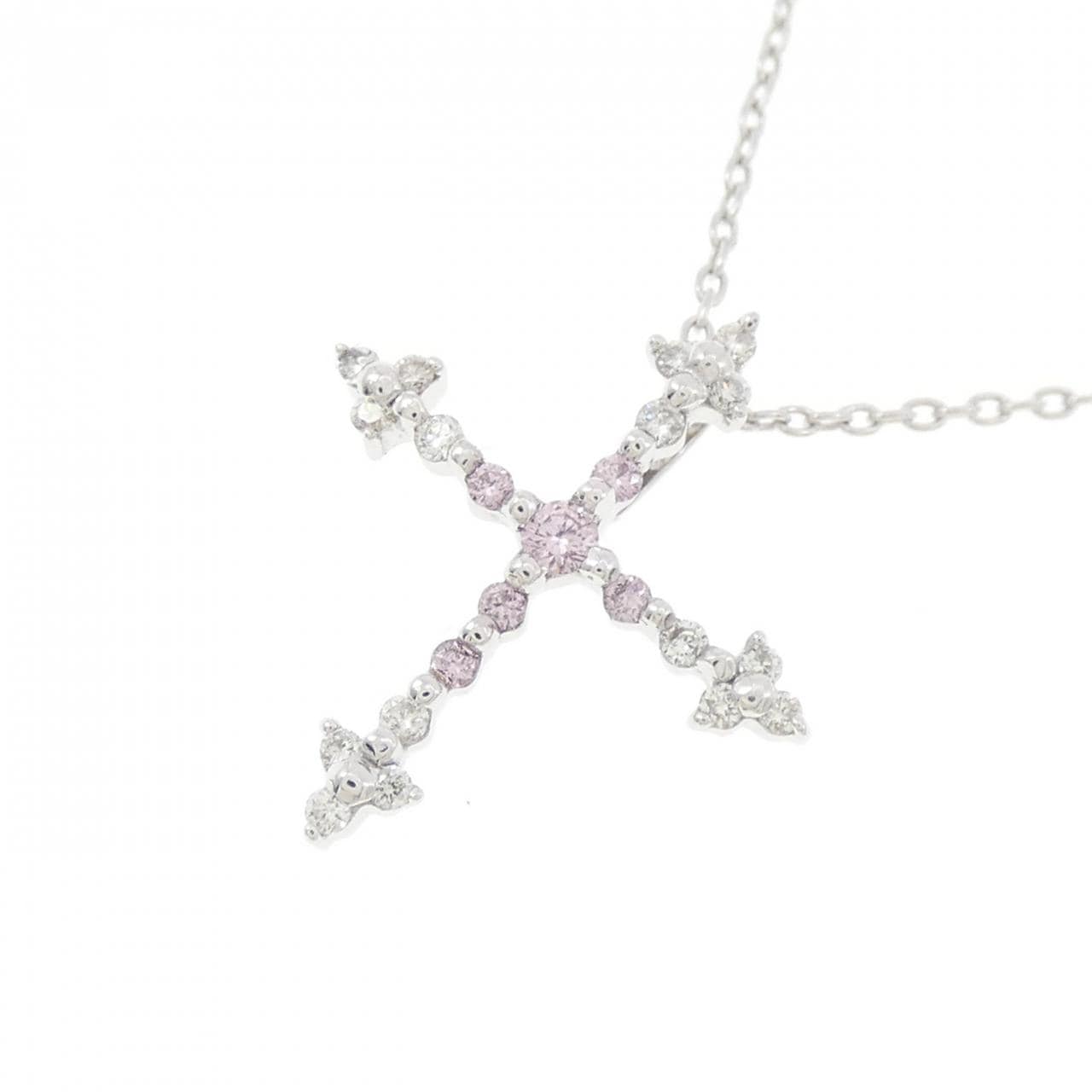 K18WG クロス ピンクダイヤモンド ネックレス 0.05CT