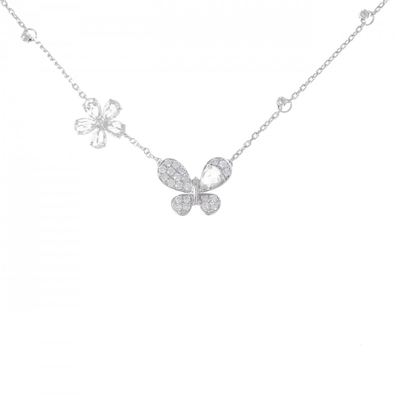 K18WG バタフライ?フラワー ダイヤモンド ネックレス 0.88CT