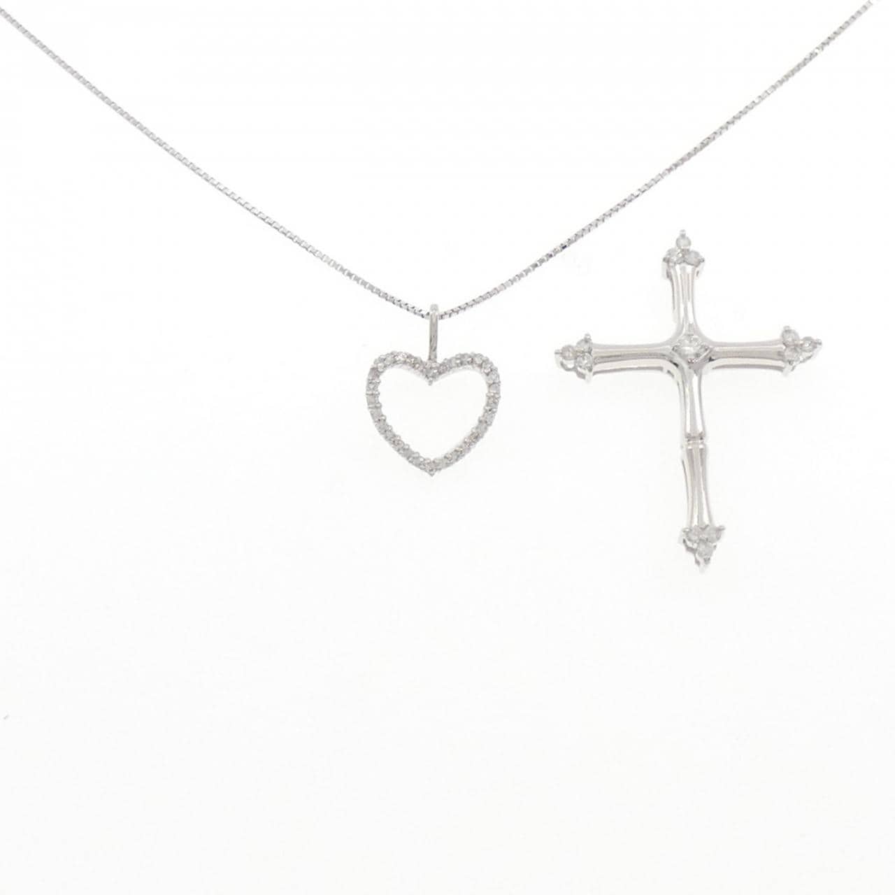 K18WG 2WAY クロス×ハート ダイヤモンド ネックレス 0.20CT