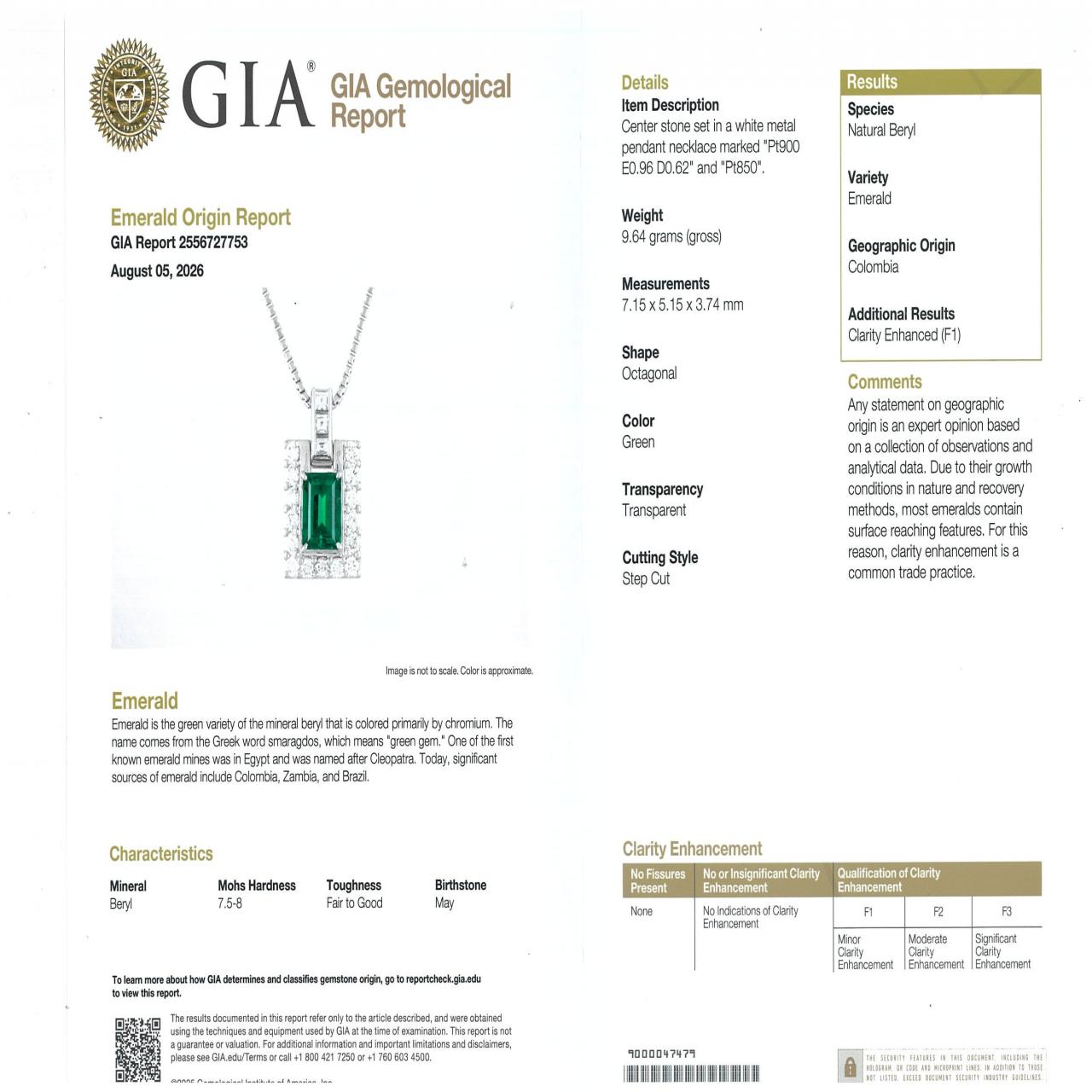PT900/PT850 エメラルド ネックレス 0.96CT コロンビア産