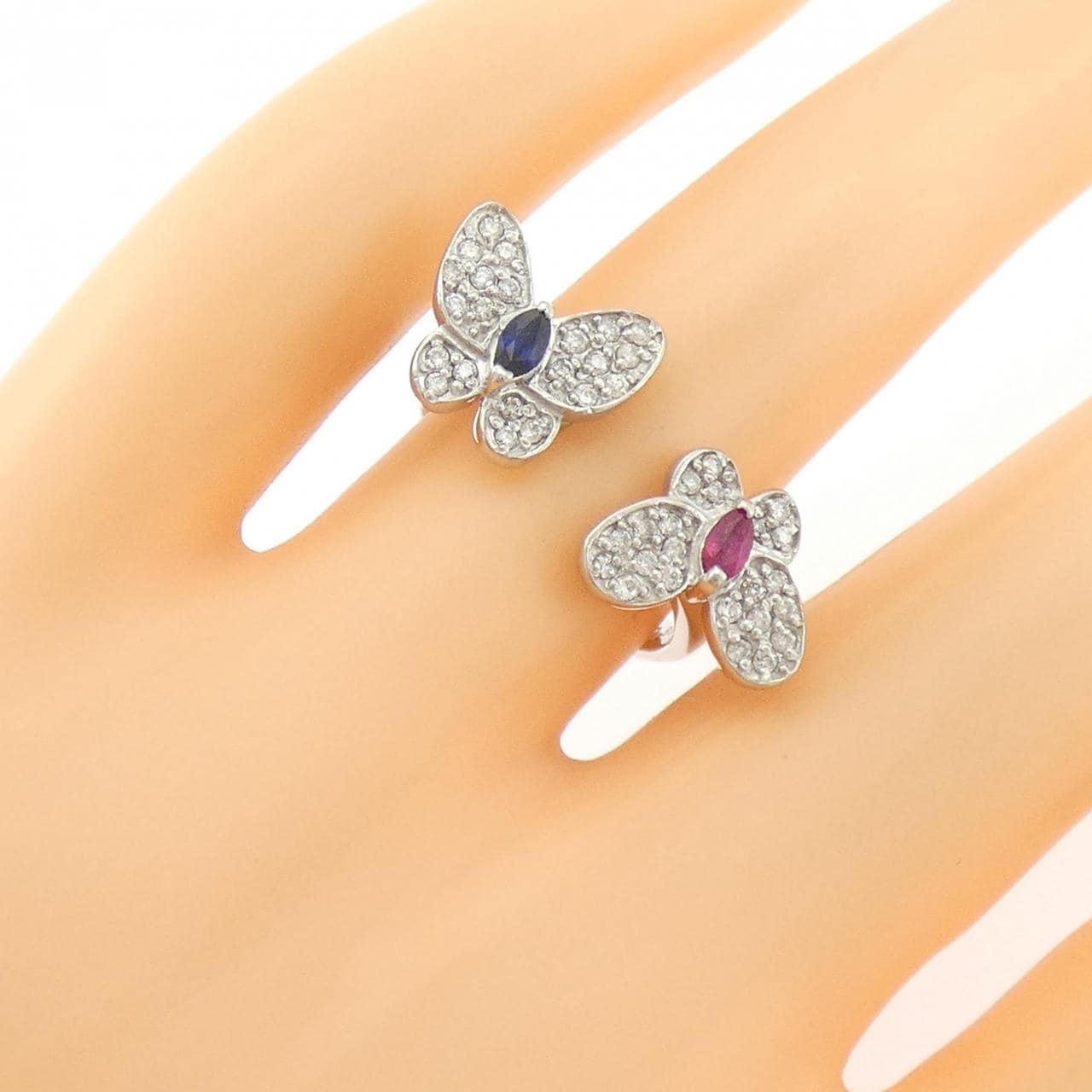 K18WG バタフライ カラーストーン リング