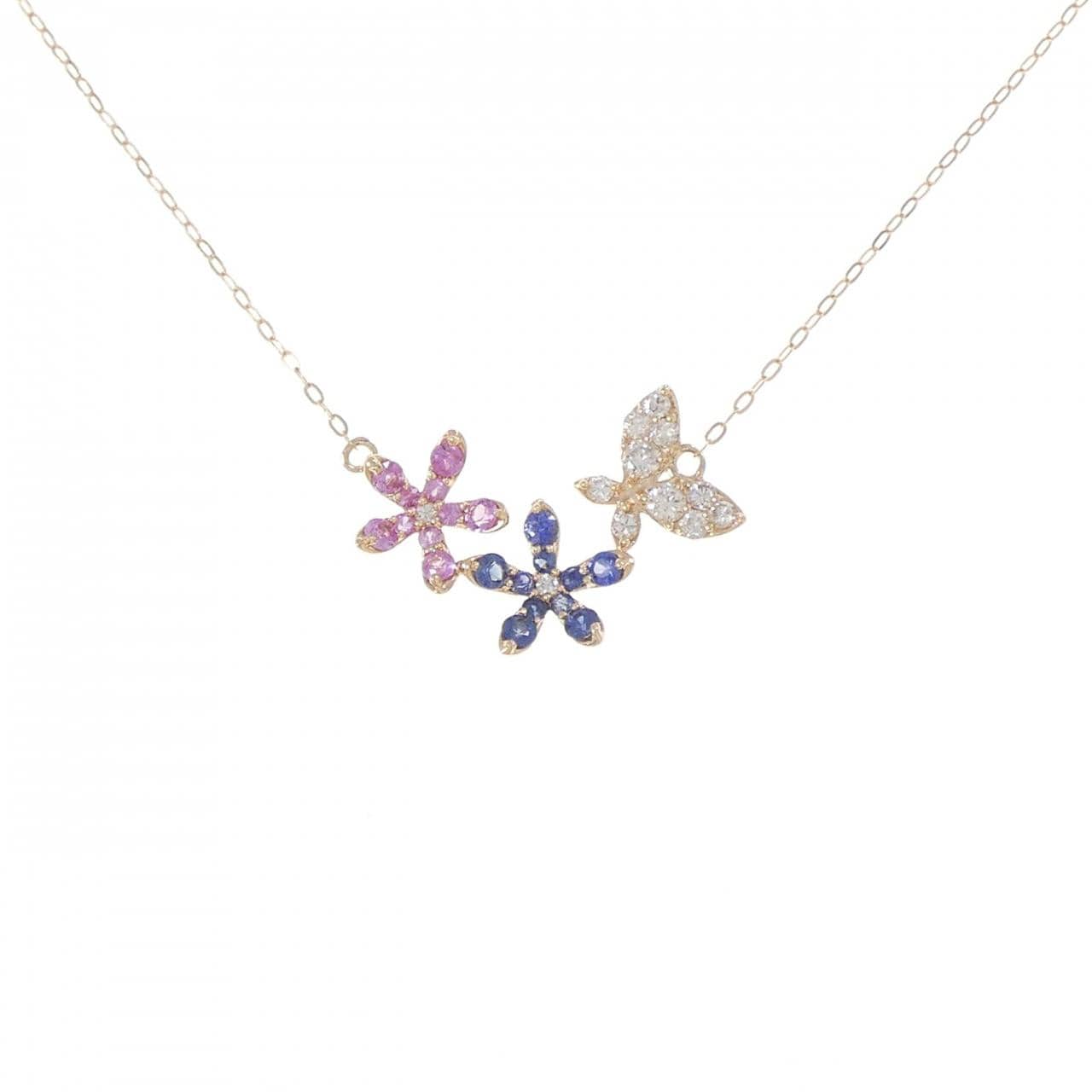 K18PG フラワー×バタフライ サファイヤ ネックレス 0.65CT
