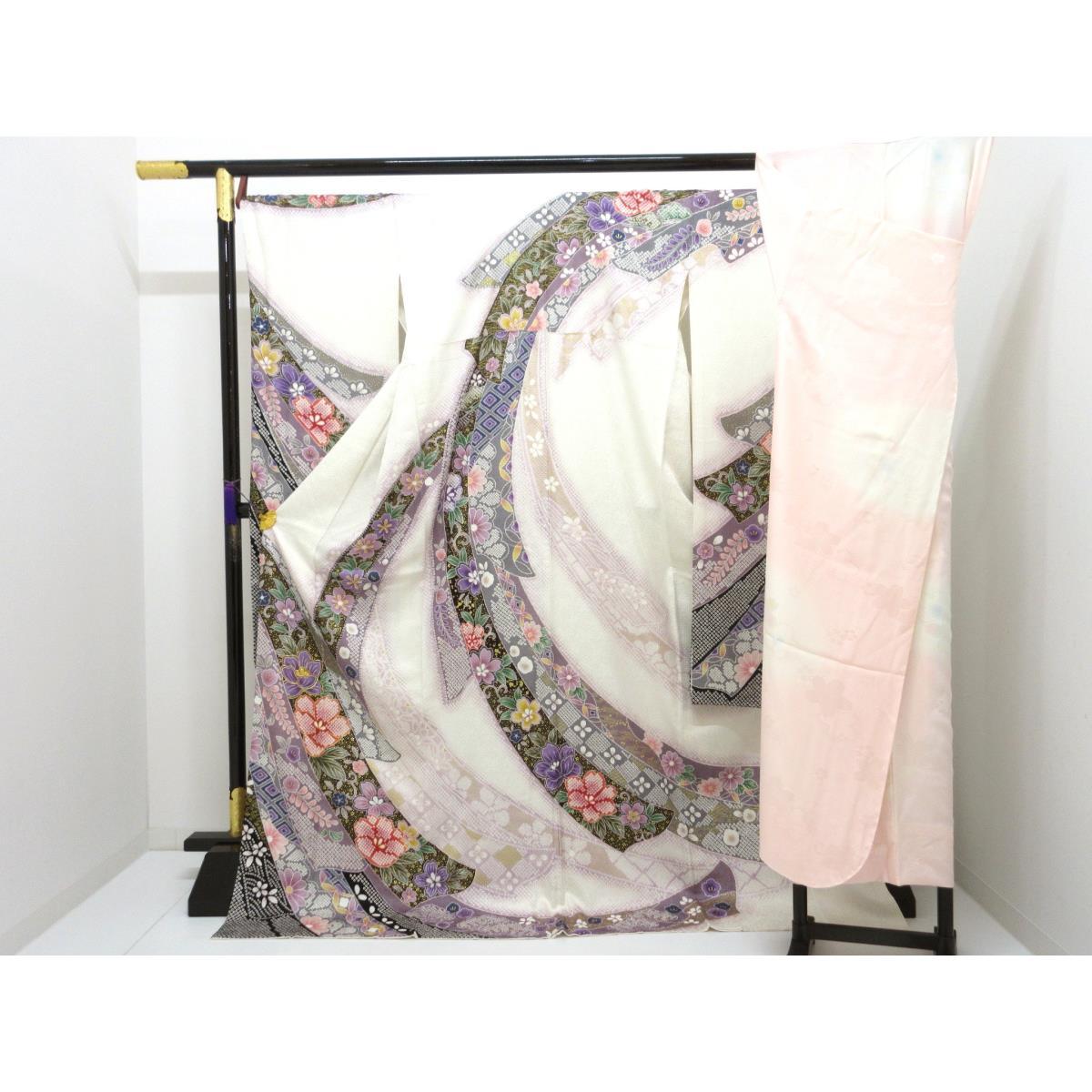 振袖　友禅金彩加工　刺繍入り　きもの・長襦袢　２点セット　身幅Ｌ寸