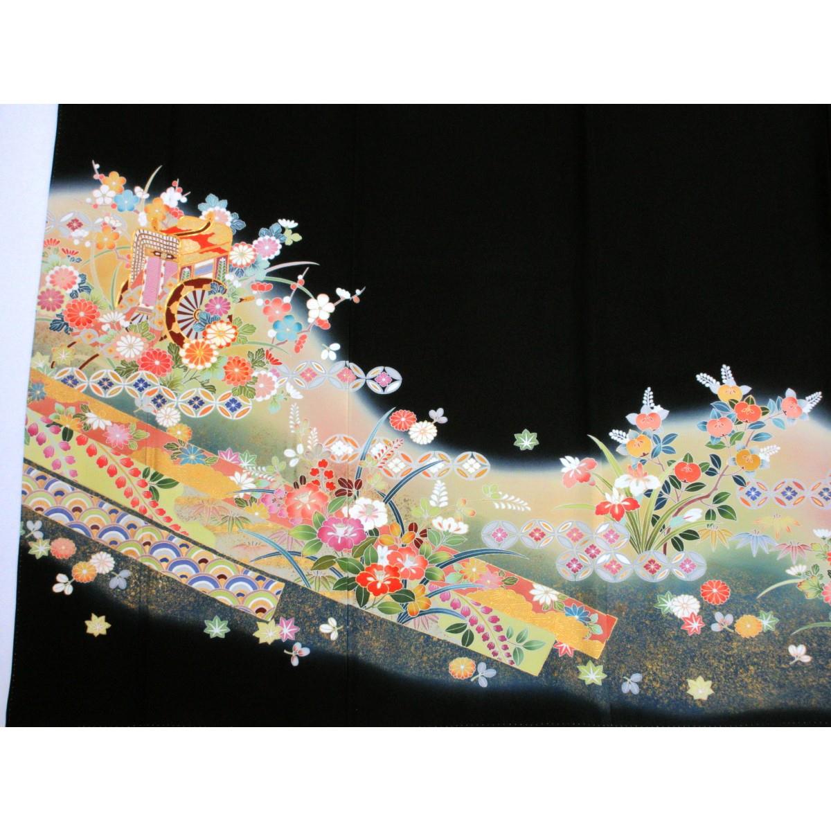 留袖　友禅金彩加工　刺繍入り　丸に橘