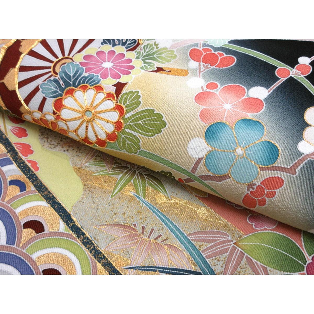 留袖　友禅金彩加工　刺繍入り　丸に橘