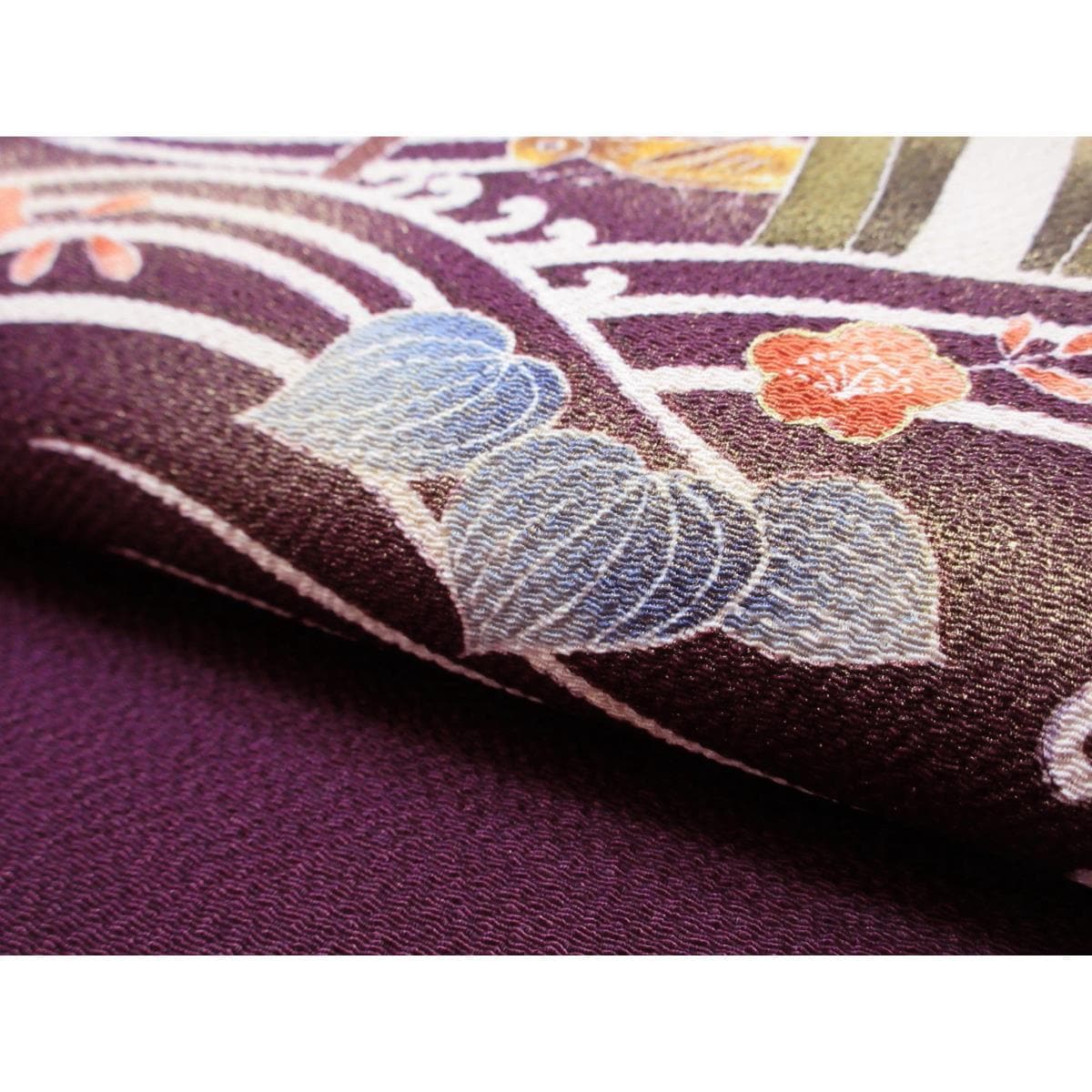 名古屋帯　ちりめん染帯　友禅金彩加工　刺繍入り