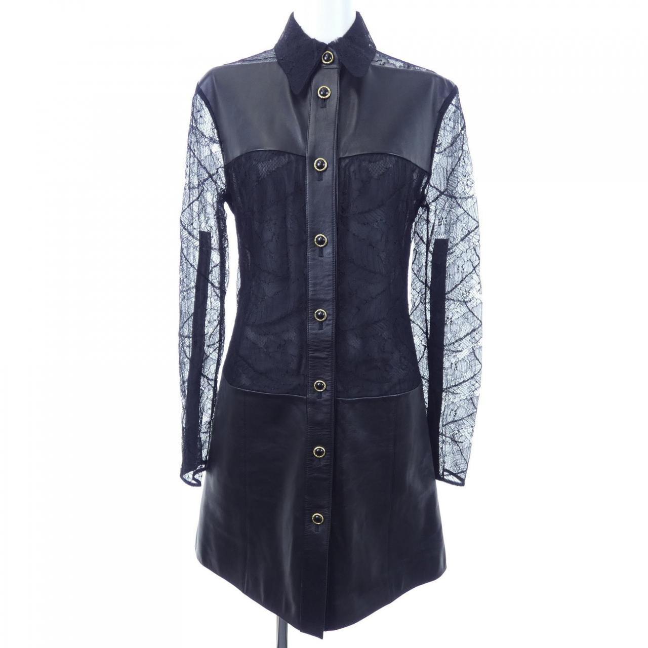 LOUIS VUITTON羽毛蕾絲皮革襯衫 FMLD94NN4 連身裙