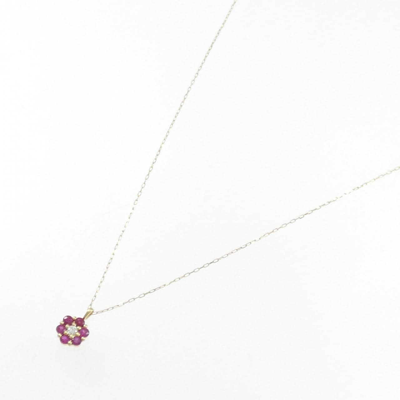 【新品】K18YG フラワー ルビー ネックレス 0.12CT