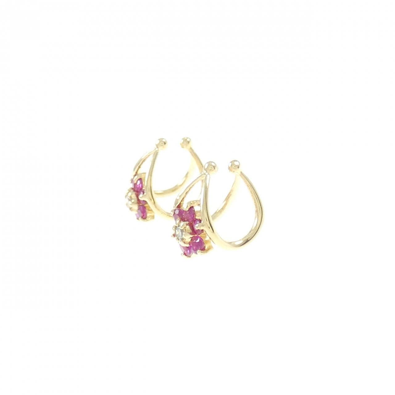 K18YG花朵红宝石耳夹0.26CT