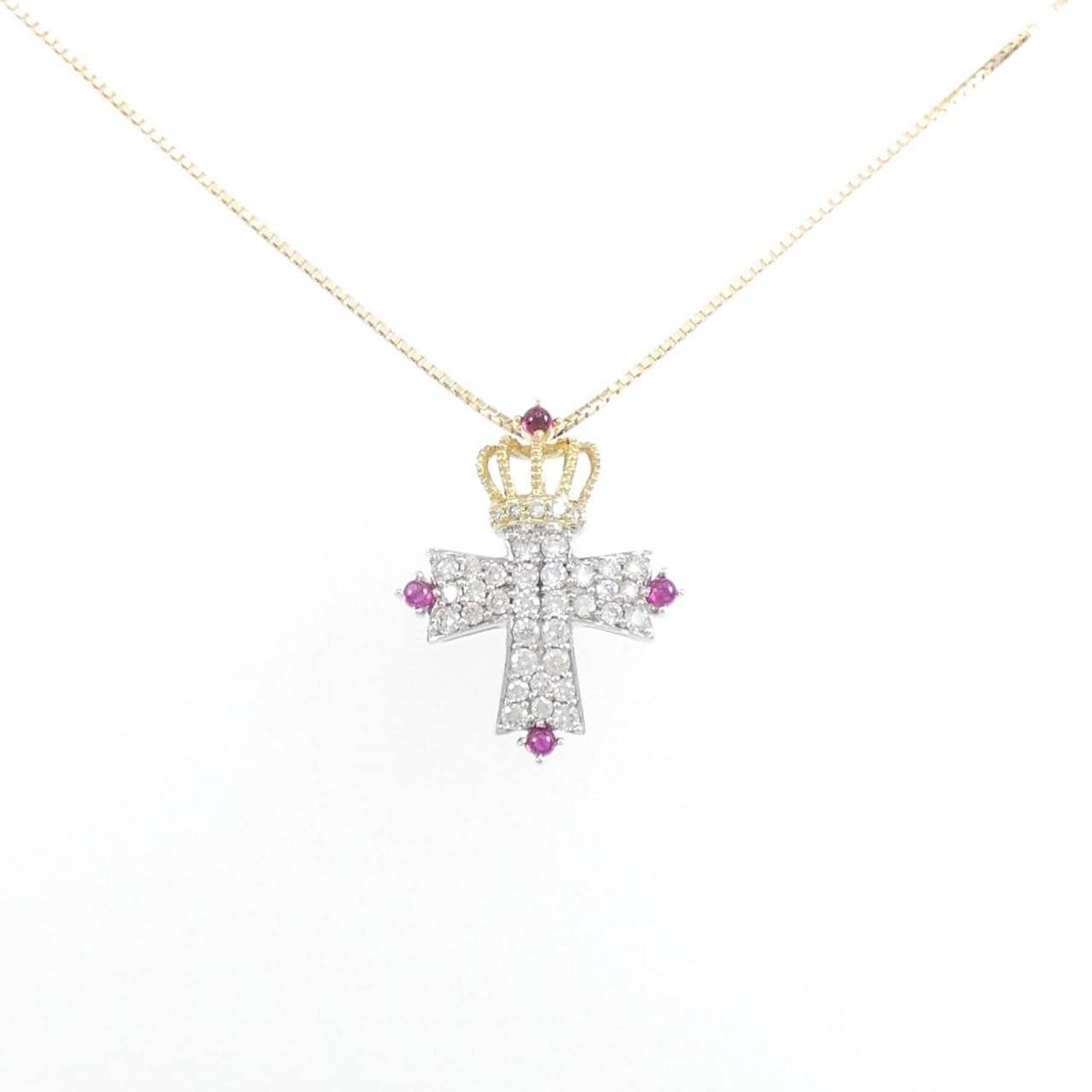 K18WG/K18YG Cross x Crown Ruby Necklace