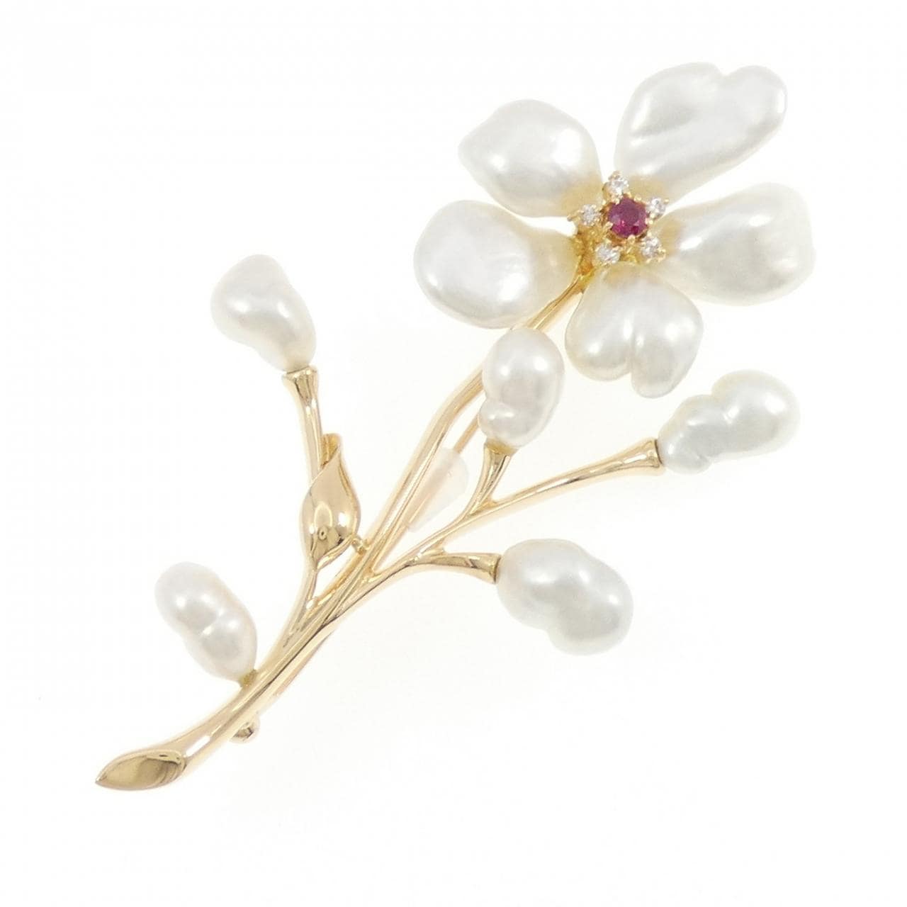 K18YG フラワー カラーストーン ブローチ