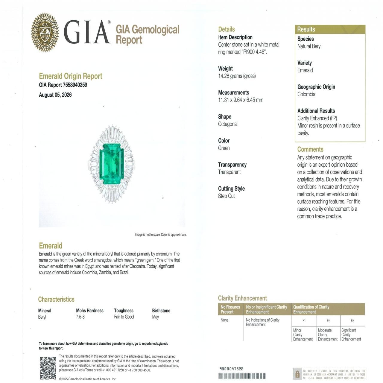 PT900 エメラルド リング 4.46CT コロンビア産