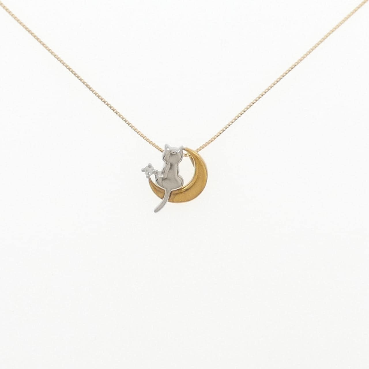K24YG/PT999/K18YG Cat and Moon Diamond Necklace 0.01CT